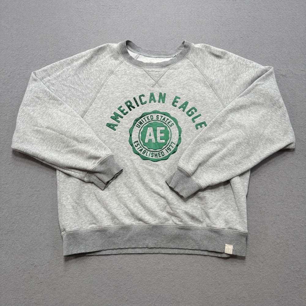 American Eagle Sweatshirt Men's Medium Gray Fleece Crewneck Pullover Collegiate